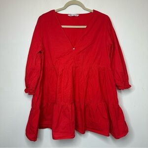Zara Red Ruffle Long Shirt / Very Short Dress Size XL Red Crystal *1 Missing*